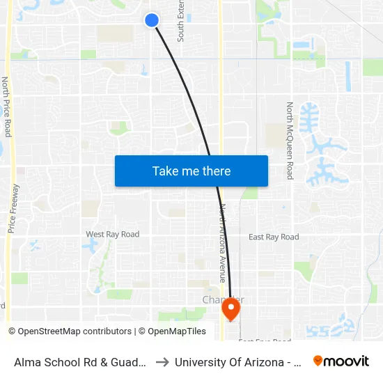 Alma School Rd & Guadalupe Rd to University Of Arizona - Chandler map
