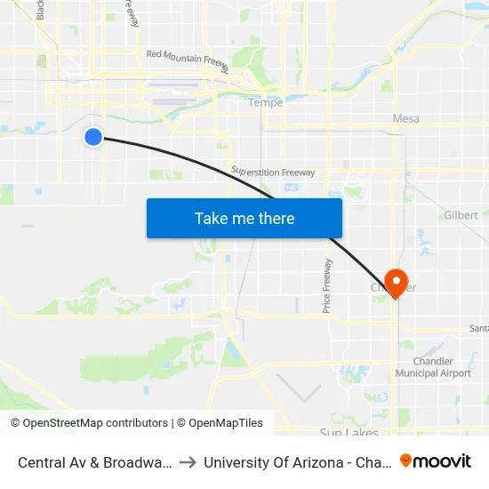 Central Av & Broadway Rd to University Of Arizona - Chandler map
