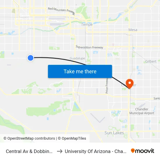 Central Av & Dobbins Rd to University Of Arizona - Chandler map