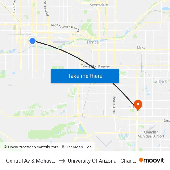 Central Av & Mohave St to University Of Arizona - Chandler map