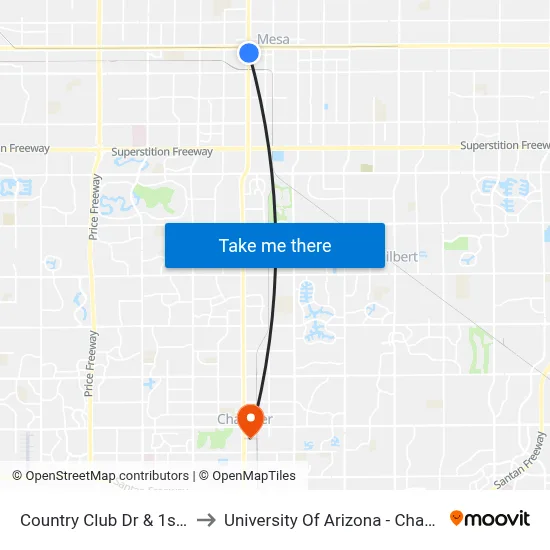 Country Club Dr & 1st Av to University Of Arizona - Chandler map