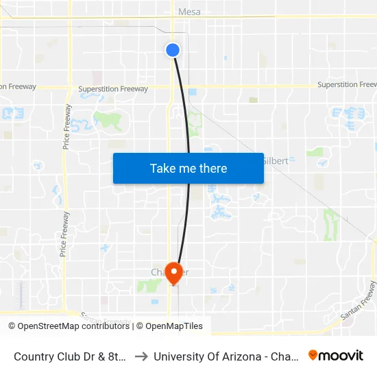 Country Club Dr & 8th Av to University Of Arizona - Chandler map