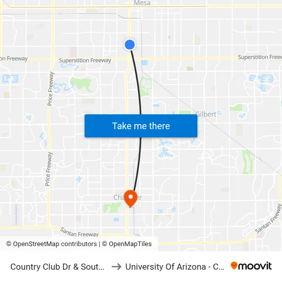 Country Club Dr & Southern Av to University Of Arizona - Chandler map