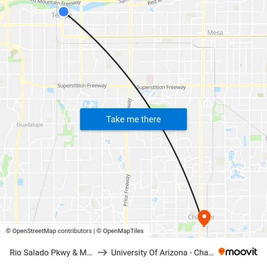 Rio Salado Pkwy & Mill Av to University Of Arizona - Chandler map