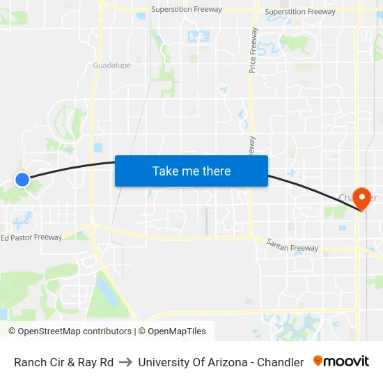 Ranch Cir & Ray Rd to University Of Arizona - Chandler map