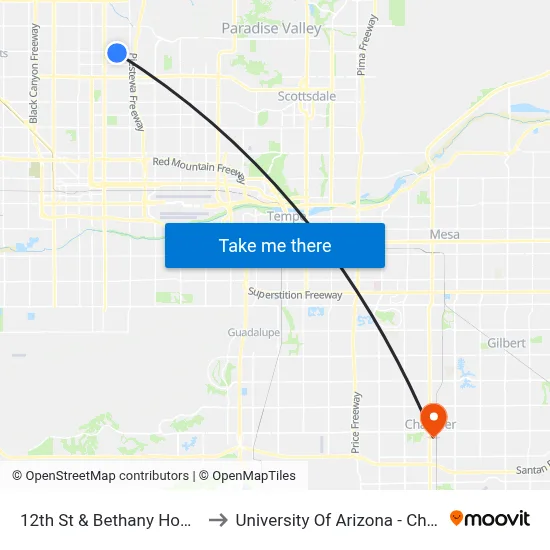 12th St & Bethany Home Rd to University Of Arizona - Chandler map