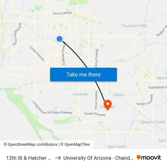 12th St & Hatcher Rd to University Of Arizona - Chandler map