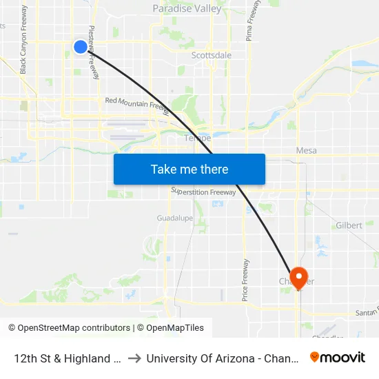 12th St & Highland Av to University Of Arizona - Chandler map