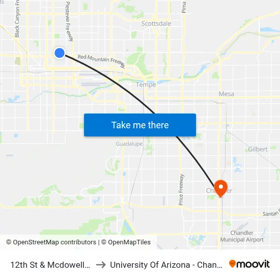 12th St & Mcdowell Rd to University Of Arizona - Chandler map
