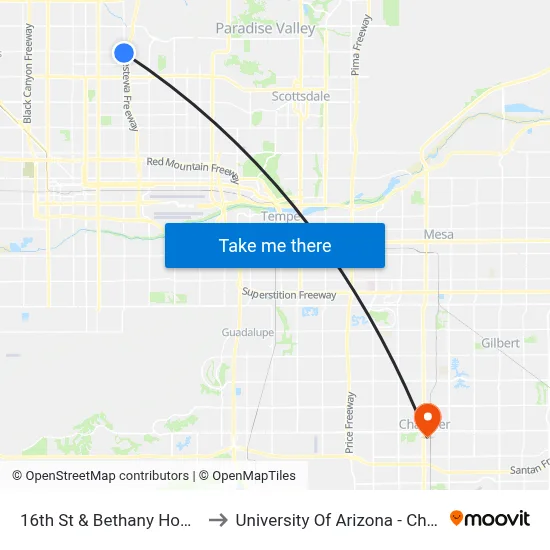 16th St & Bethany Home Rd to University Of Arizona - Chandler map