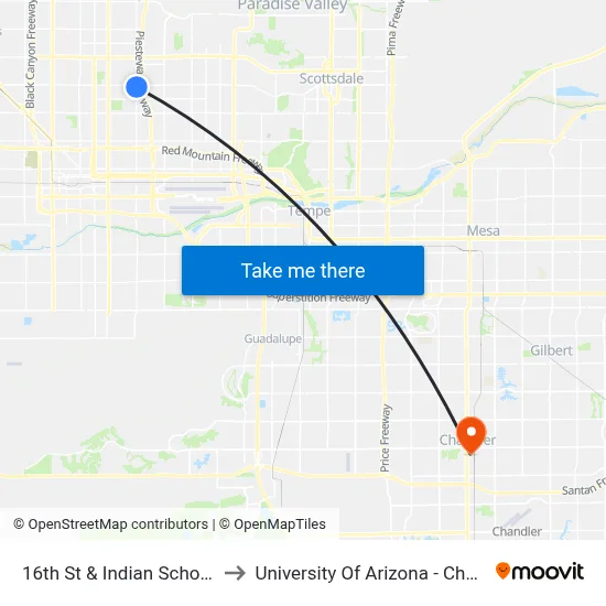 16th St & Indian School Rd to University Of Arizona - Chandler map