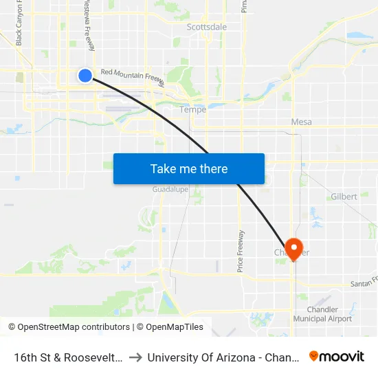 16th St & Roosevelt St to University Of Arizona - Chandler map