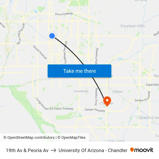 19th Av & Peoria Av to University Of Arizona - Chandler map