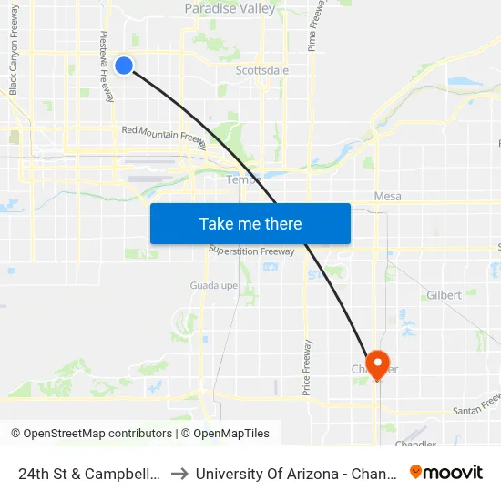 24th St & Campbell Av to University Of Arizona - Chandler map