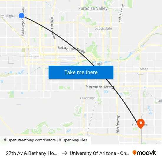 27th Av & Bethany Home Rd to University Of Arizona - Chandler map