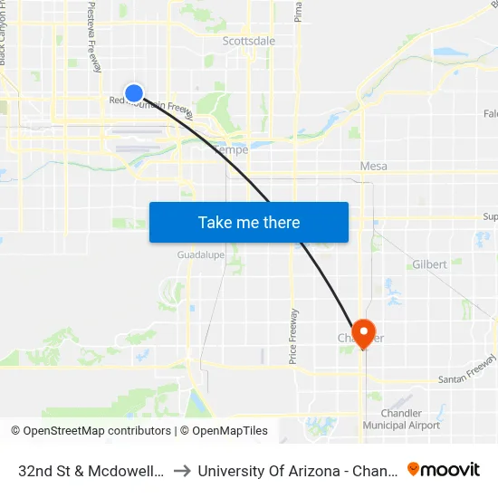 32nd St & Mcdowell Rd to University Of Arizona - Chandler map