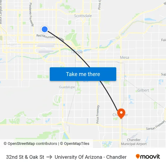 32nd St & Oak St to University Of Arizona - Chandler map