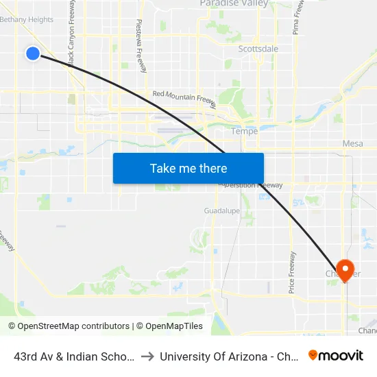 43rd Av & Indian School Rd to University Of Arizona - Chandler map
