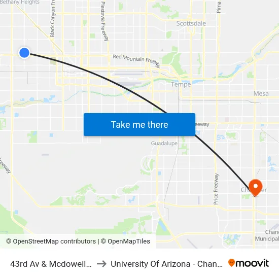 43rd Av & Mcdowell Rd to University Of Arizona - Chandler map