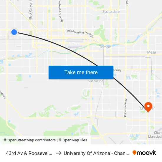 43rd Av & Roosevelt St to University Of Arizona - Chandler map