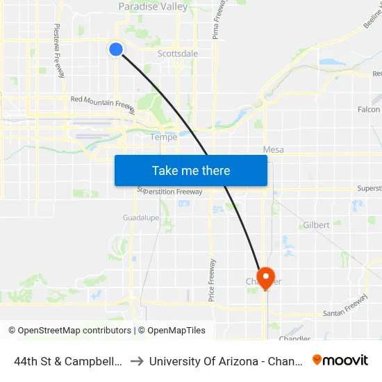 44th St & Campbell Av to University Of Arizona - Chandler map