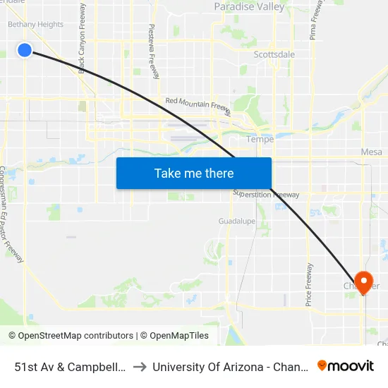 51st Av & Campbell Av to University Of Arizona - Chandler map