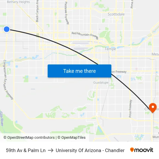 59th Av & Palm Ln to University Of Arizona - Chandler map