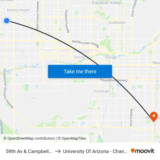 59th Av & Campbell Av to University Of Arizona - Chandler map
