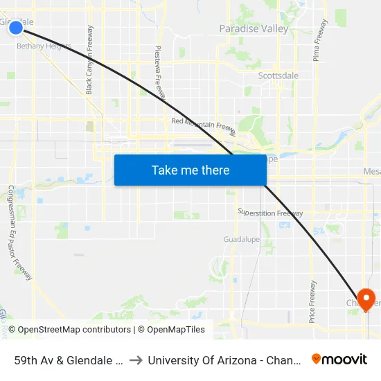 59th Av & Glendale Av to University Of Arizona - Chandler map