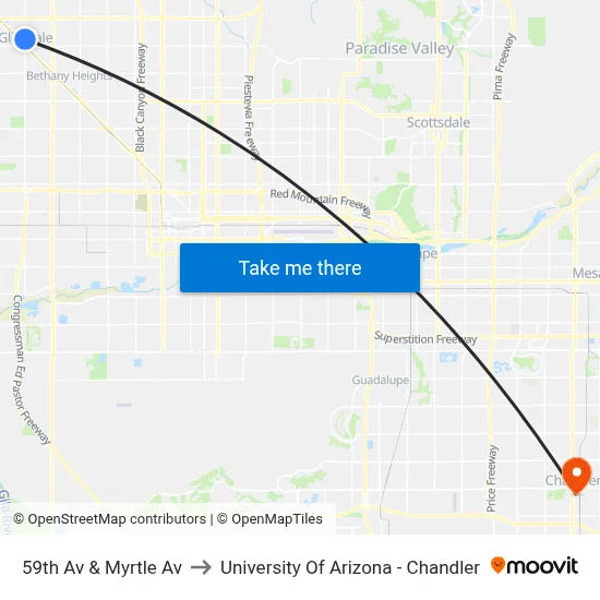 59th Av & Myrtle Av to University Of Arizona - Chandler map
