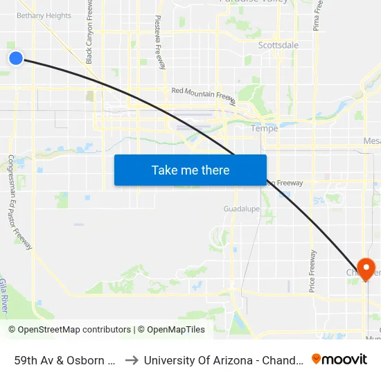 59th Av & Osborn Rd to University Of Arizona - Chandler map