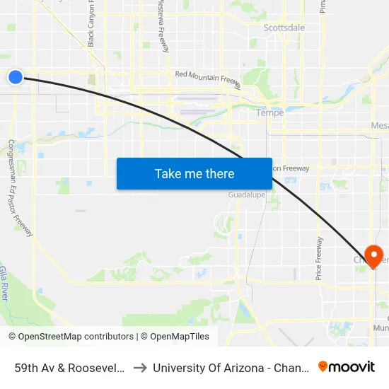 59th Av & Roosevelt St to University Of Arizona - Chandler map