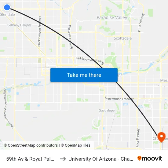 59th Av & Royal Palm Rd to University Of Arizona - Chandler map