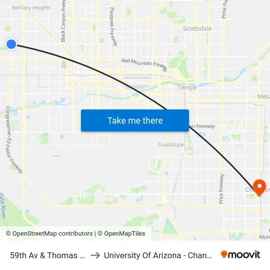 59th Av & Thomas Rd to University Of Arizona - Chandler map