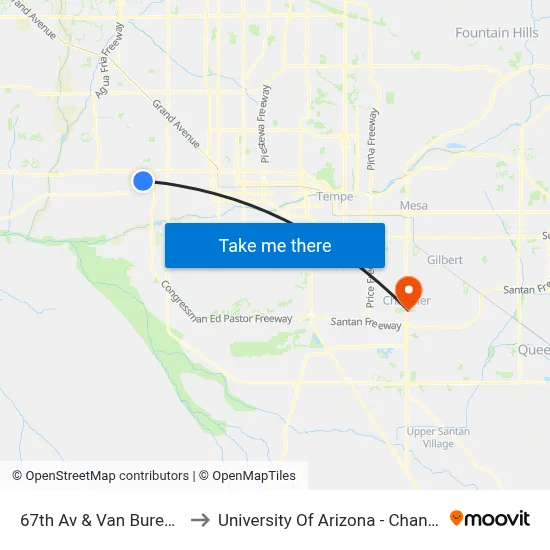 67th Av & Van Buren St to University Of Arizona - Chandler map