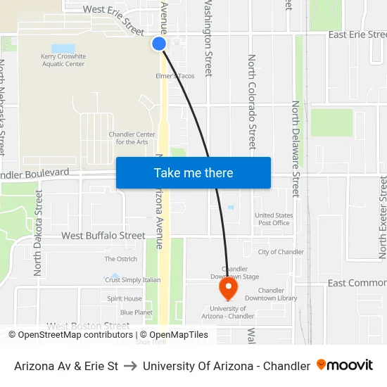 Arizona Av & Erie St to University Of Arizona - Chandler map