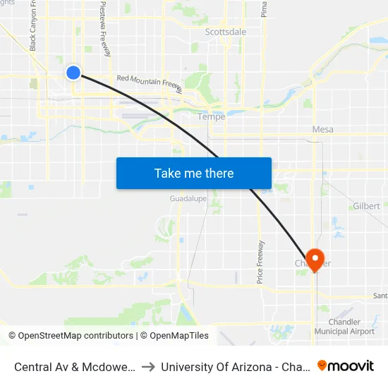 Central Av & Mcdowell Rd to University Of Arizona - Chandler map