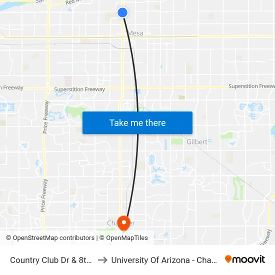 Country Club Dr & 8th St to University Of Arizona - Chandler map