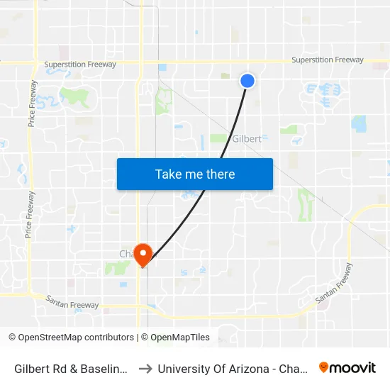 Gilbert Rd & Baseline Rd to University Of Arizona - Chandler map