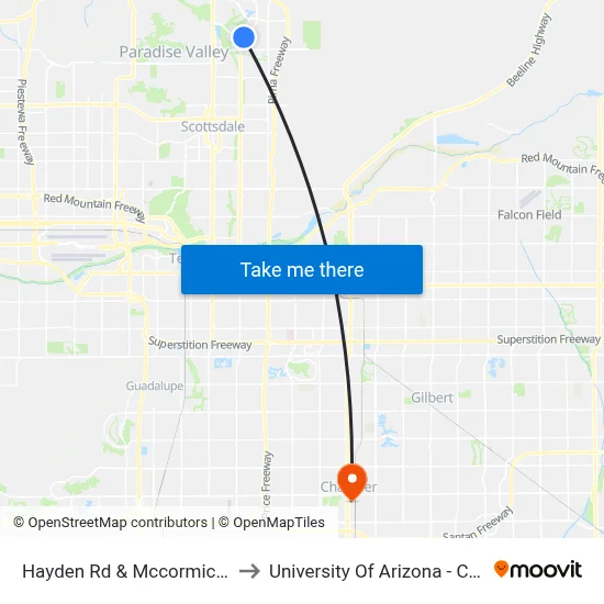 Hayden Rd & Mccormick Pkwy to University Of Arizona - Chandler map