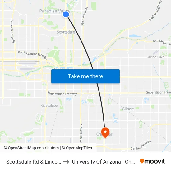 Scottsdale Rd & Lincoln Dr to University Of Arizona - Chandler map