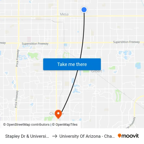 Stapley Dr & University Dr to University Of Arizona - Chandler map