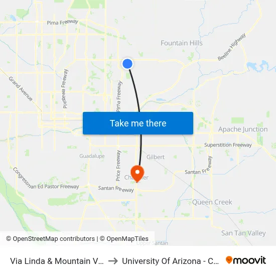Via Linda & Mountain View Rd to University Of Arizona - Chandler map