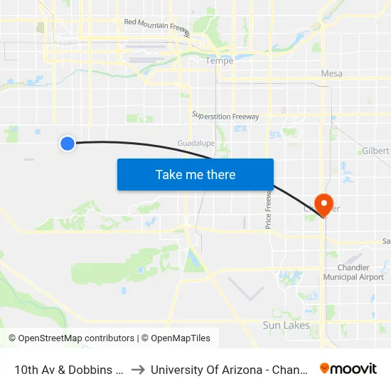 10th Av & Dobbins Rd to University Of Arizona - Chandler map