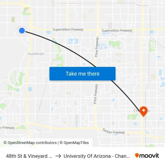 48th St & Vineyard Rd to University Of Arizona - Chandler map