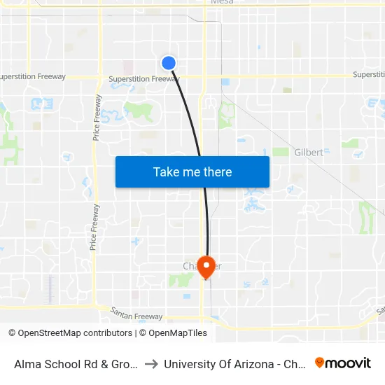 Alma School Rd & Grove Av to University Of Arizona - Chandler map
