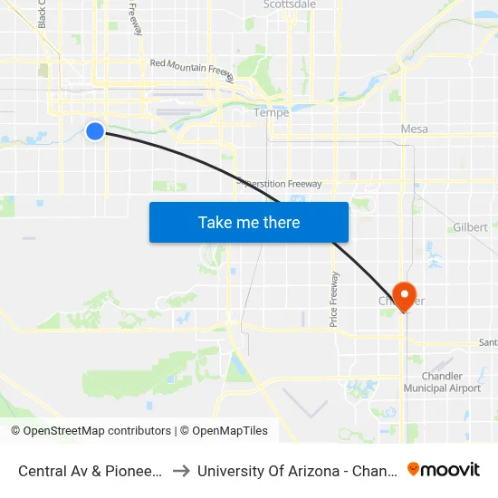Central Av & Pioneer St to University Of Arizona - Chandler map