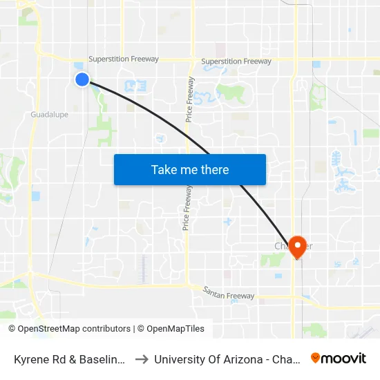 Kyrene Rd & Baseline Rd to University Of Arizona - Chandler map