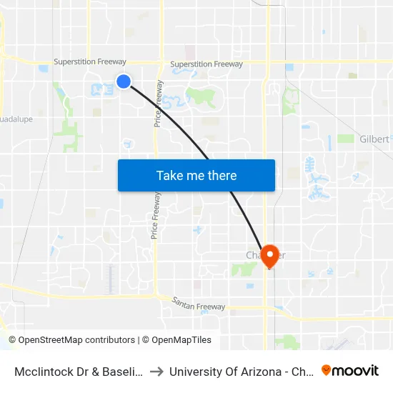 Mcclintock Dr & Baseline Rd to University Of Arizona - Chandler map
