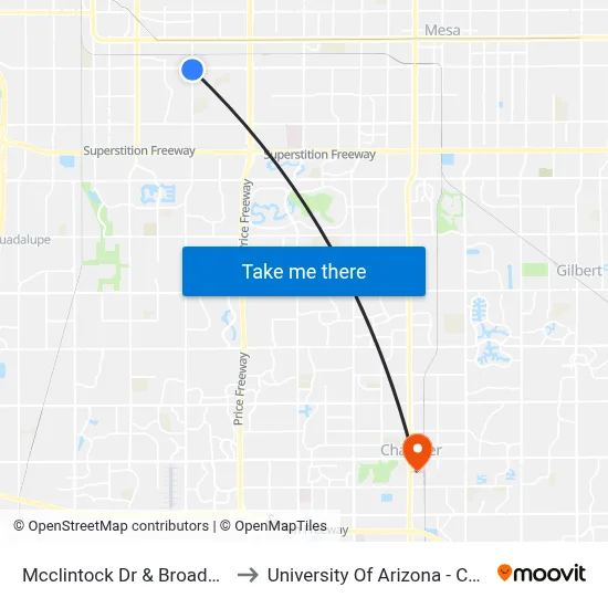 Mcclintock Dr & Broadway Rd to University Of Arizona - Chandler map